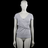 Even&odd - T-shirt - Light Gray - Size S - Light gray solid top with a V-neck and short sleeves. Wrap-style front with gathered fabric at the side and a straight hem.