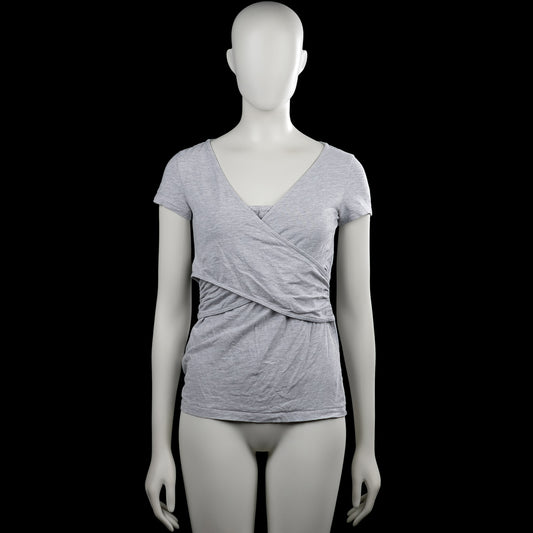 Even&odd - T-shirt - Light Gray - Size S - Light gray solid top with a V-neck and short sleeves. Wrap-style front with gathered fabric at the side and a straight hem.