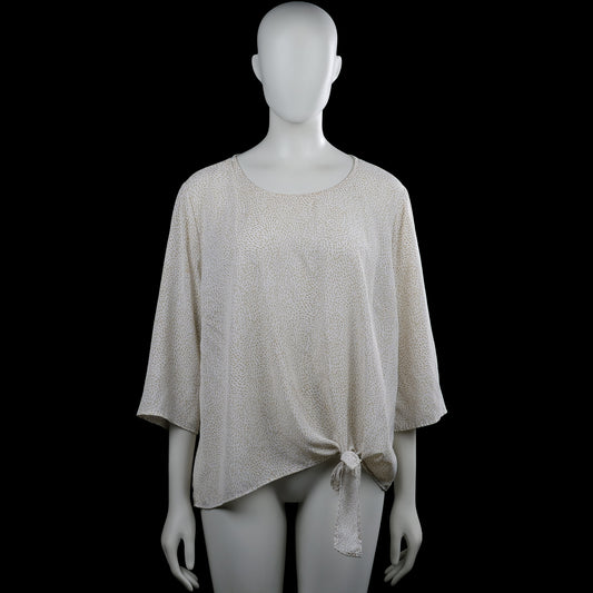 Isolde - Blouse - Ivory & Beige - Size XL - Ivory top with an all-over beige print, a scoop neckline, and three-quarter sleeves with plain cuffs. Straight hem with a front tie detail and a back keyhole with a button closure.