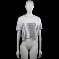 T-shirt - White & Black - Size L - White and black top with a round neckline and short sleeves. Features horizontal stripes on the front and sleeves, a solid black back panel, and an asymmetrical hem.