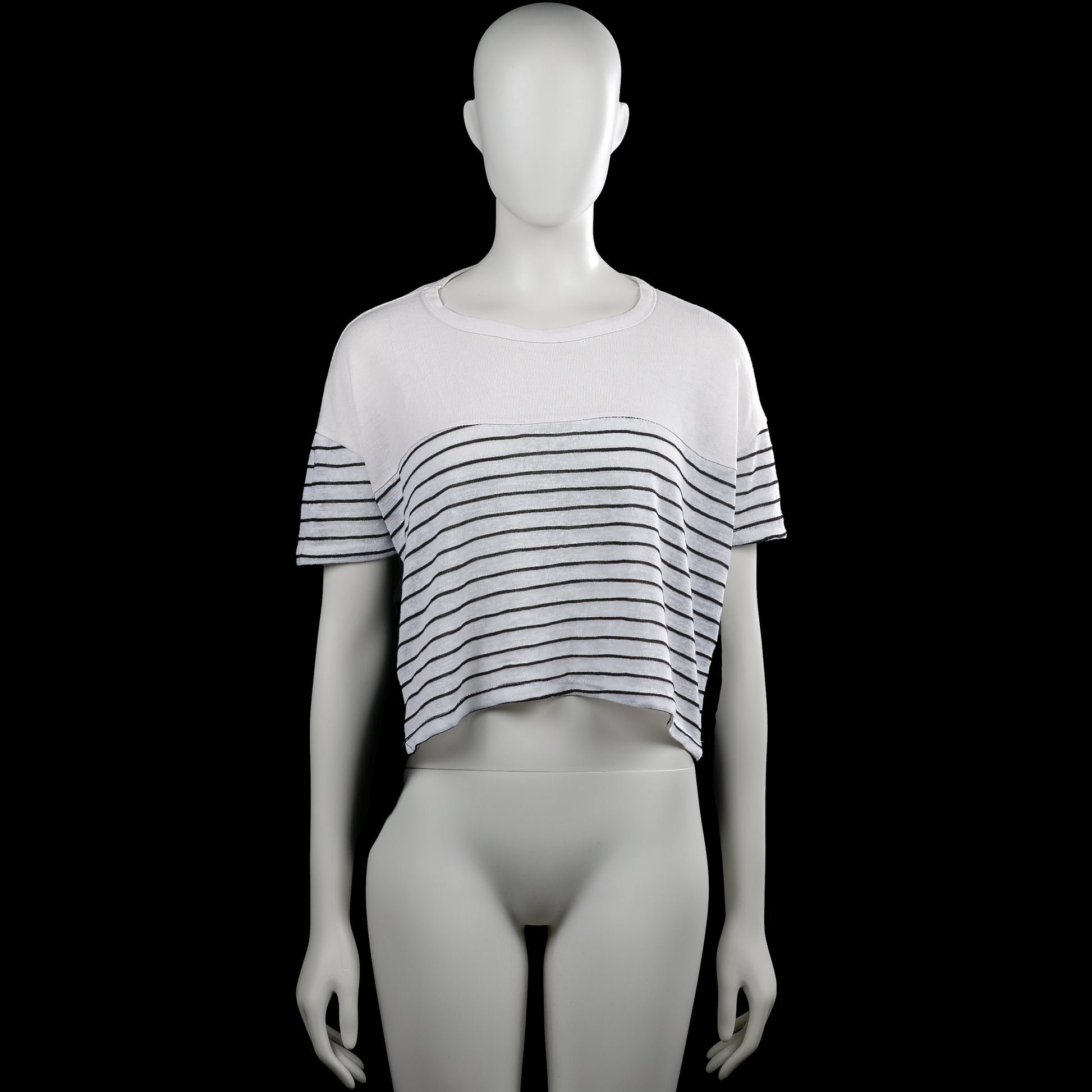 T-shirt - White & Black - Size L - White and black top with a round neckline and short sleeves. Features horizontal stripes on the front and sleeves, a solid black back panel, and an asymmetrical hem.