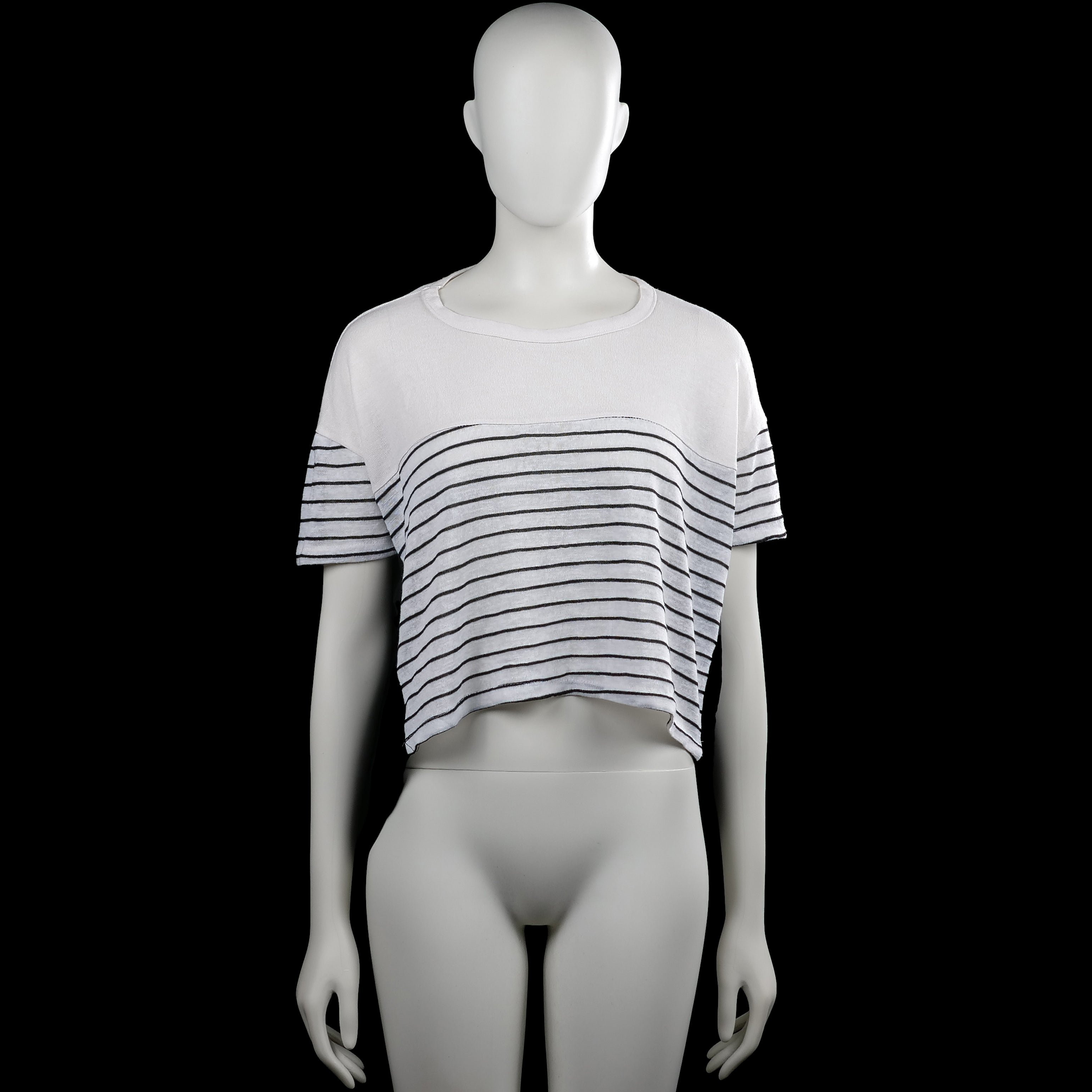 T-shirt - White & Black - Size L - White and black top with a round neckline and short sleeves. Features horizontal stripes on the front and sleeves, a solid black back panel, and an asymmetrical hem.