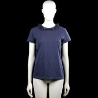 Hilfiger - T-shirt - Navy - Size S - Navy solid short-sleeve top with a classic collar featuring a sequined collar detail. Straight hem and plain sleeve cuffs.