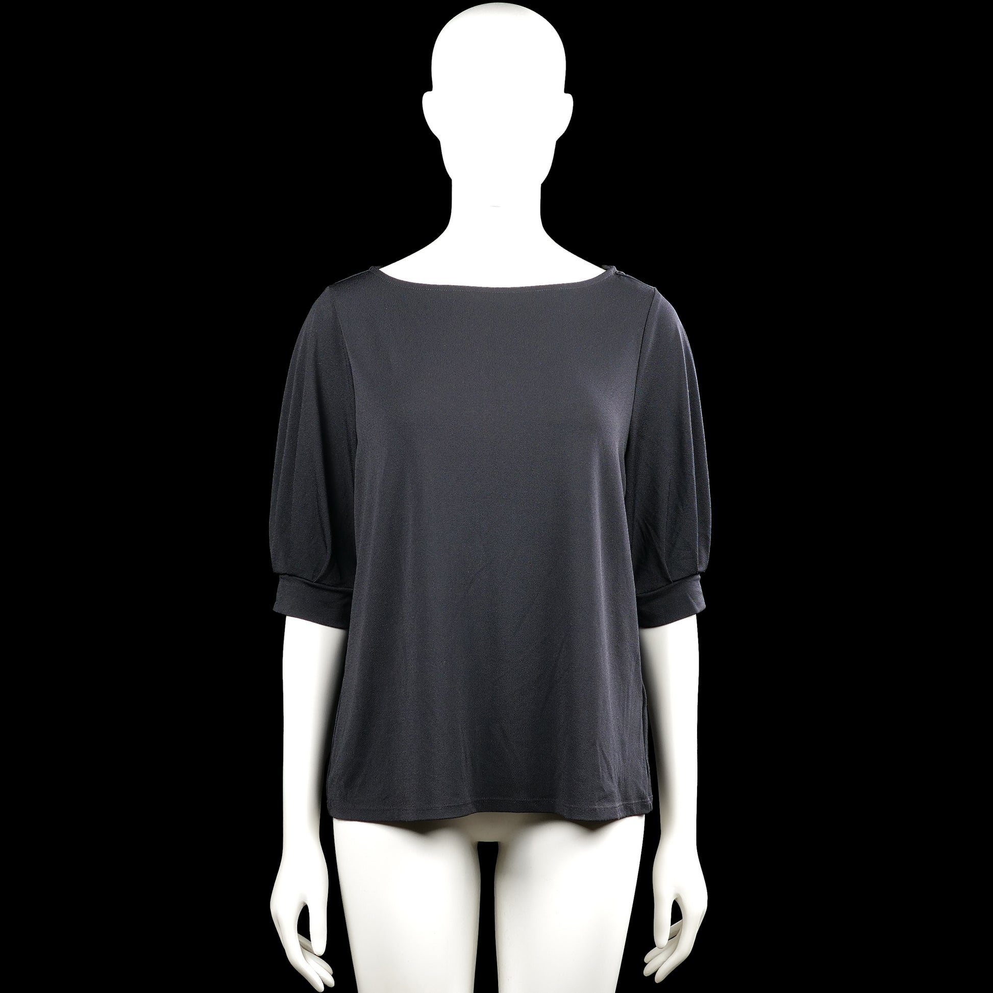 H&M - T-shirt - Charcoal - Size M - Charcoal solid top with a boat neck and three-quarter sleeves. Features plain cuffs with slight gathers and a straight hem.