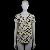 Pescara - Blouse - White & Yellow - Size L - White top with a black and yellow dotted pattern and a scoop neckline with black trim. Short sleeves with plain cuffs and a curved hem, with a small keyhole opening at the back.