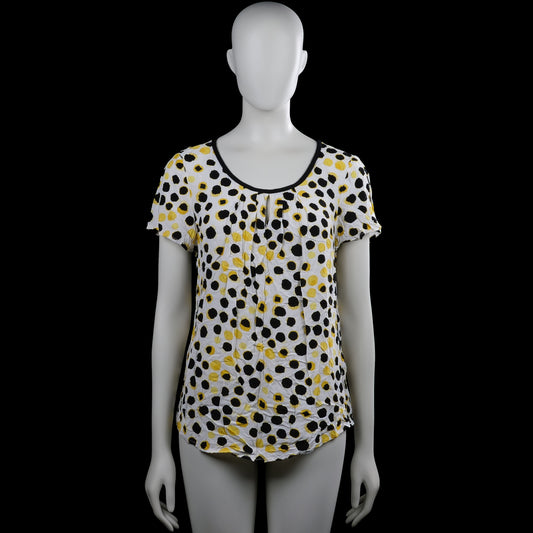 Pescara - Blouse - White & Yellow - Size L - White top with a black and yellow dotted pattern and a scoop neckline with black trim. Short sleeves with plain cuffs and a curved hem, with a small keyhole opening at the back.