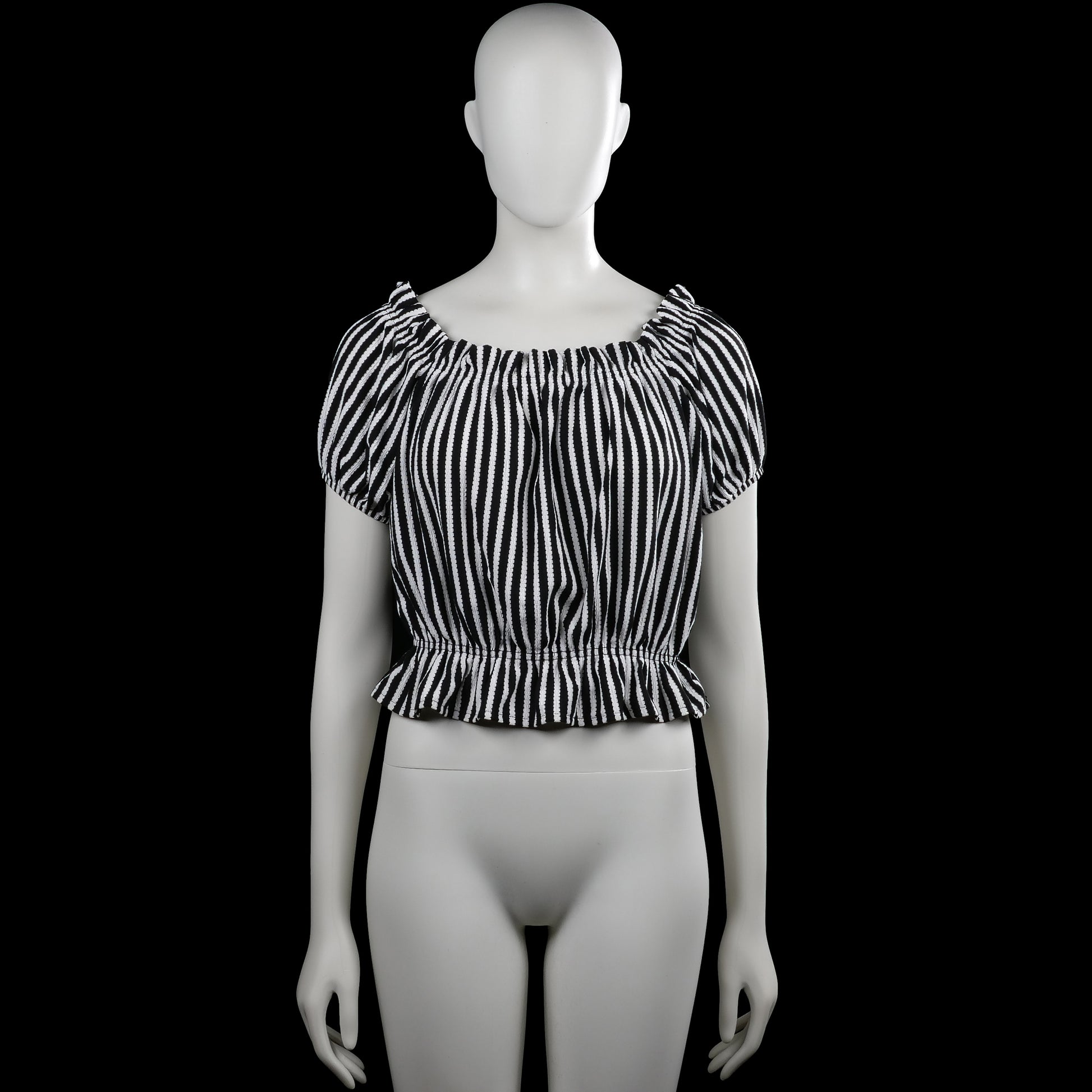 H&M - Blouse - Black & White - Size M - Black and white striped top with a wide boat neckline and short puff sleeves with elastic cuffs. Features an elastic waist and a ruffled hem.