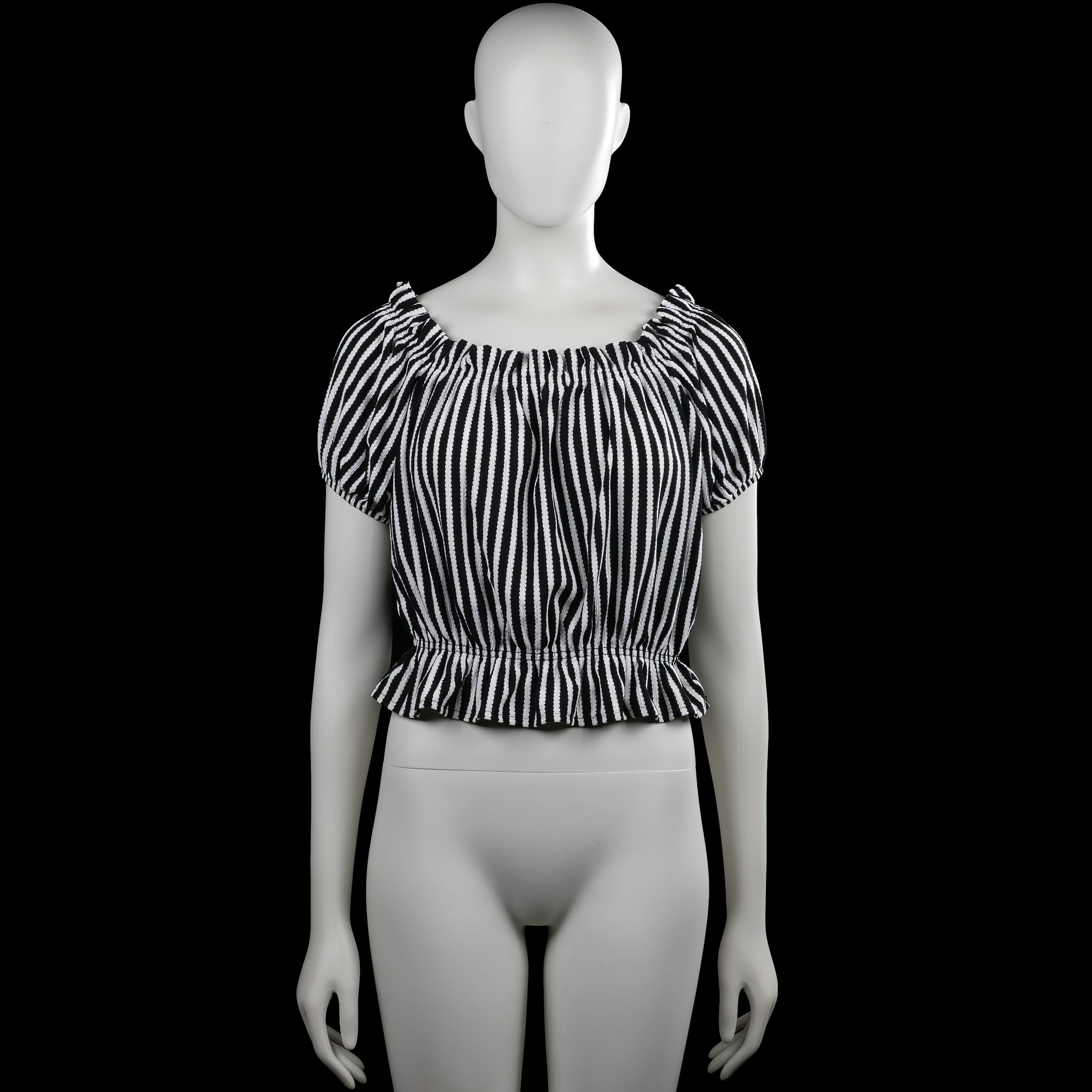 H&M - Blouse - Black & White - Size M - Black and white striped top with a wide boat neckline and short puff sleeves with elastic cuffs. Features an elastic waist and a ruffled hem.