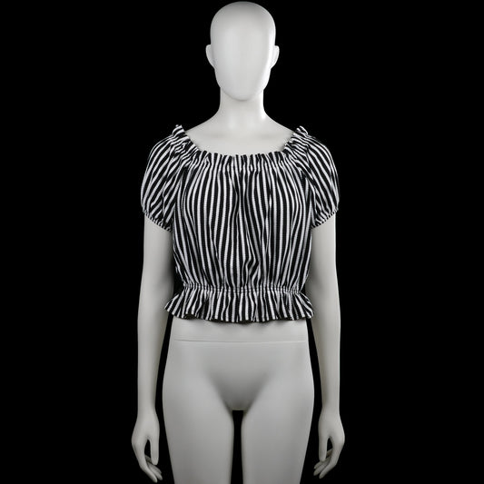 H&M - Blouse - Black & White - Size M - Black and white striped top with a wide boat neckline and short puff sleeves with elastic cuffs. Features an elastic waist and a ruffled hem.