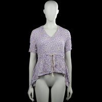 Firesh - Blouse - Lavender & White - Size S - Lavender and white floral top with a V-neck and short sleeves. Features a drawstring waist and a high-low hem.