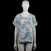 Jyothi - Blouse - White - Size XXL - White top with a multicolor paisley pattern and a scoop neckline. Features short sleeves with plain cuffs and a straight hem.