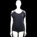 Amisu - T-shirt - Black - Size M - Black solid top with a scoop neckline and short sleeves featuring cutout shoulders with multiple straps. Straight hem with no visible closures.