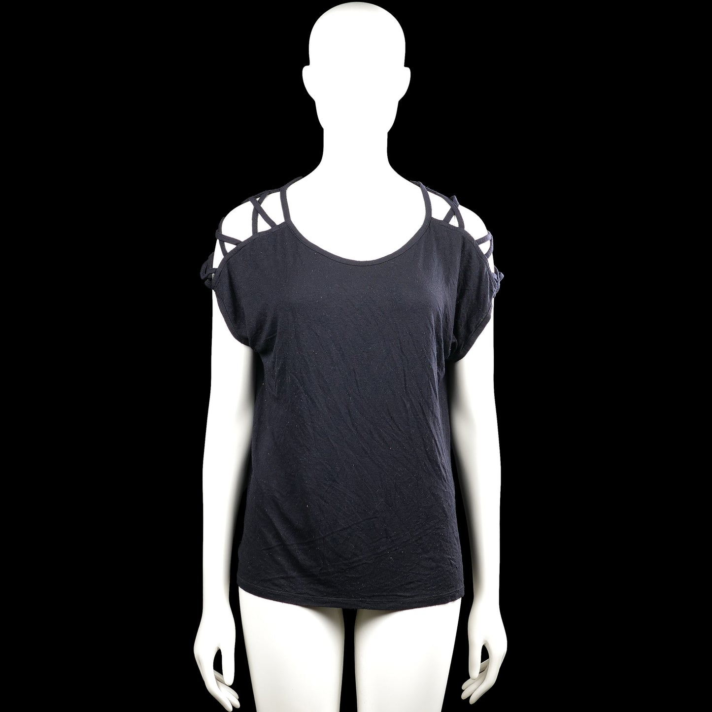 Amisu - T-shirt - Black - Size M - Black solid top with a scoop neckline and short sleeves featuring cutout shoulders with multiple straps. Straight hem with no visible closures.
