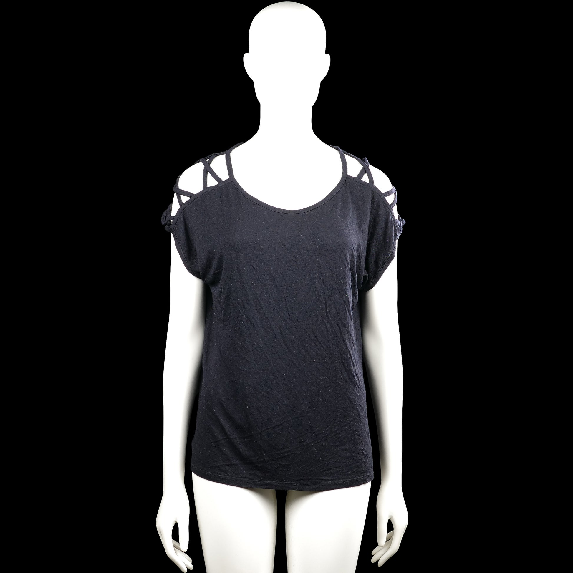 Amisu - T-shirt - Black - Size M - Black solid top with a scoop neckline and short sleeves featuring cutout shoulders with multiple straps. Straight hem with no visible closures.