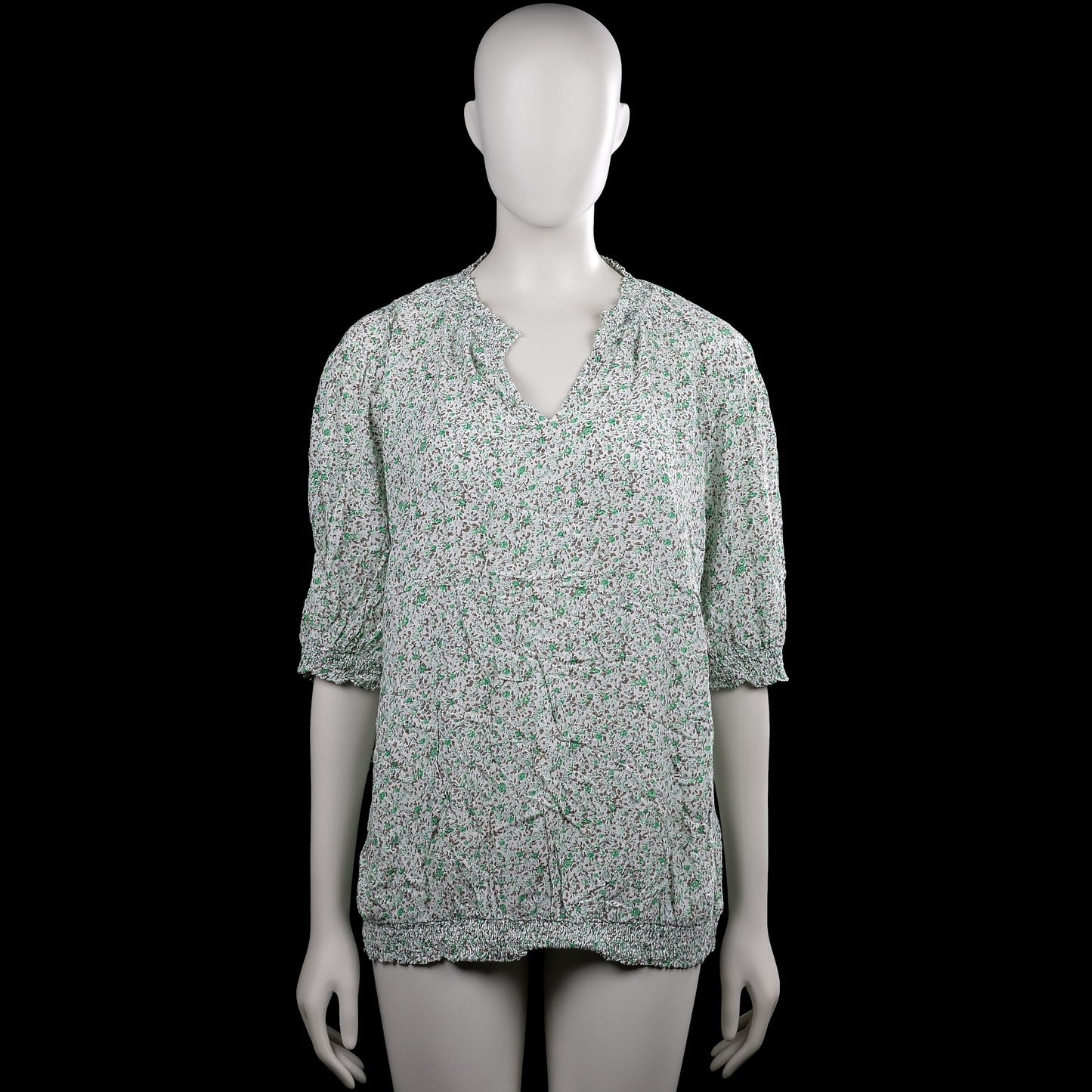 Free/quent - Blouse - White & Forest Green - Size XXL - White top with a small green floral pattern and a V-neckline with a ruffled collar. Features three-quarter sleeves with elastic cuffs and an elastic hem.