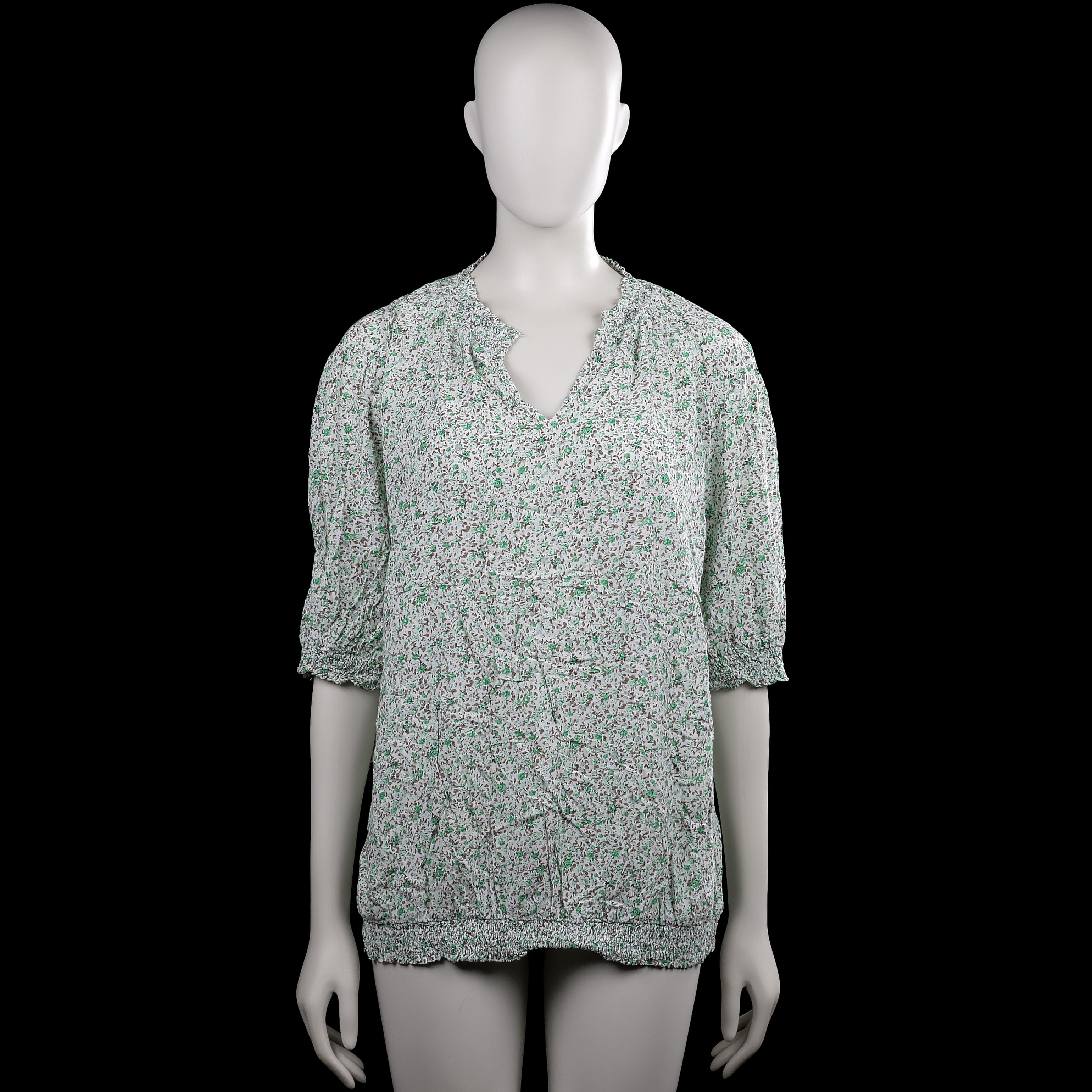 Free/quent - Blouse - White & Forest Green - Size XXL - White top with a small green floral pattern and a V-neckline with a ruffled collar. Features three-quarter sleeves with elastic cuffs and an elastic hem.