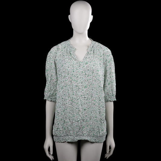 Free/quent - Blouse - White & Forest Green - Size XXL - White top with a small green floral pattern and a V-neckline with a ruffled collar. Features three-quarter sleeves with elastic cuffs and an elastic hem.