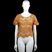 Atmosphere - Blouse - Camel & White - Size 38, 40 - Camel and white floral lace top with a scoop neck and short sleeves. Scalloped straight hem and plain sleeve cuffs.