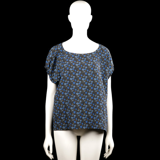 Ottodame - Blouse - Black & Royal Blue - Size 38 - Black top with a blue floral pattern and a scoop neckline. Features short sleeves with elastic cuffs and a straight hem.