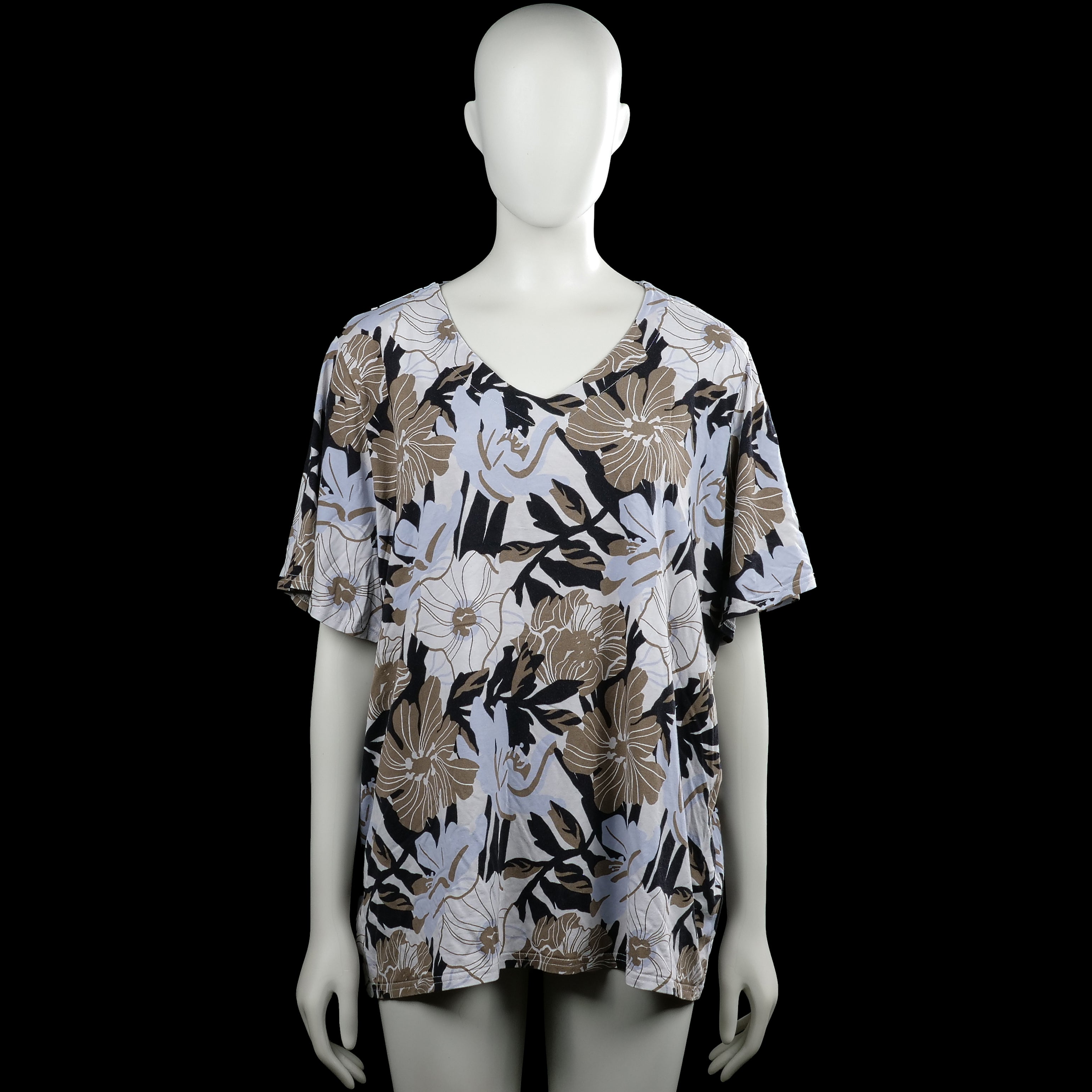 Nanso - T-shirt - White & Brown - Size XXXL - White and brown floral top with a V-neckline and short sleeves. Straight hem with plain sleeve cuffs.