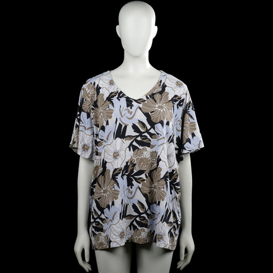 Nanso - T-shirt - White & Brown - Size XXXL - White and brown floral top with a V-neckline and short sleeves. Straight hem with plain sleeve cuffs.