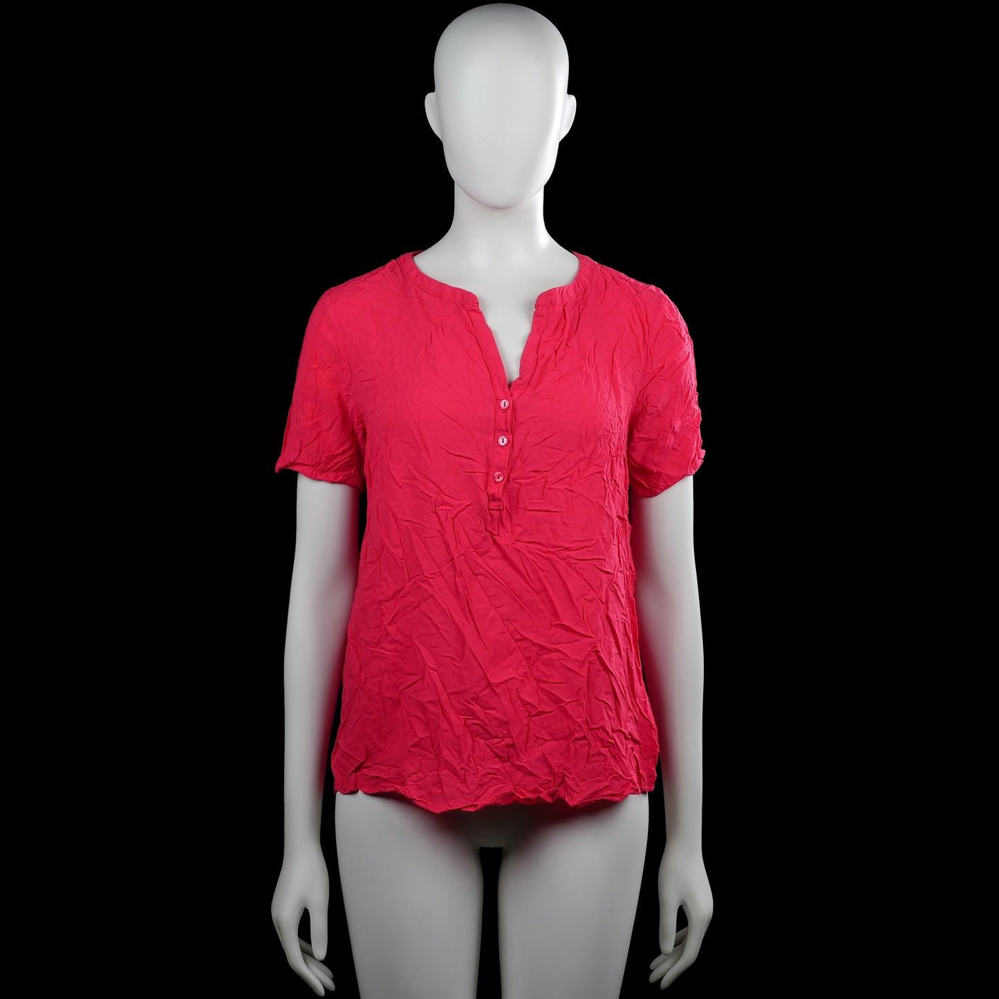 Tom tailor - Blouse - Red - Size 38 - Red solid short-sleeve top with a V-neck and a partial button placket at the front. Curved hem and plain sleeve cuffs.