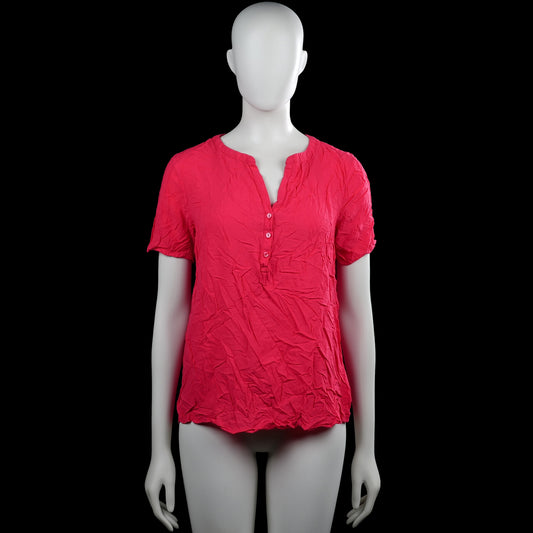 Tom tailor - Blouse - Red - Size 38 - Red solid short-sleeve top with a V-neck and a partial button placket at the front. Curved hem and plain sleeve cuffs.