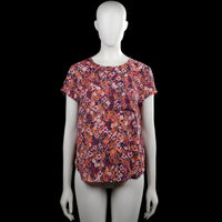 H&M - Blouse - Navy & Orange - Size 38 - Navy and orange floral top with a round neckline and short sleeves. Straight hem and a small keyhole opening at the back neckline.