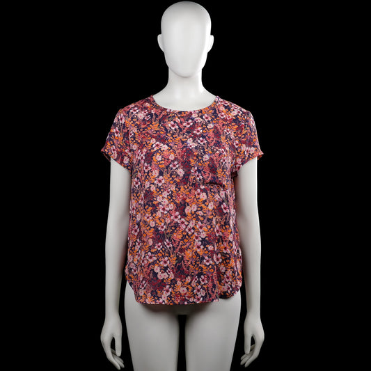 H&M - Blouse - Navy & Orange - Size 38 - Navy and orange floral top with a round neckline and short sleeves. Straight hem and a small keyhole opening at the back neckline.