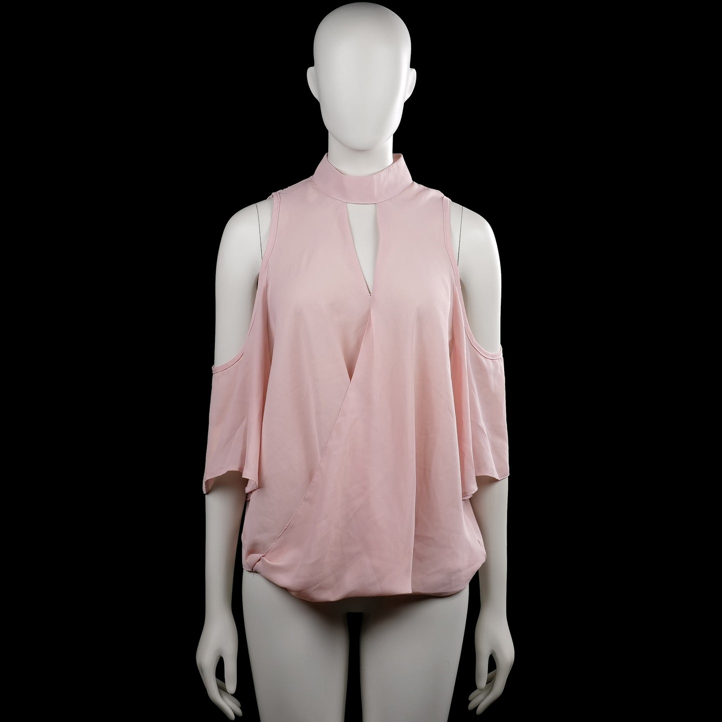 Blouse - Light Pink - Size 42 - Light pink solid top with a mock neck and a front keyhole opening. Three-quarter cold-shoulder sleeves with plain cuffs and a curved hem.