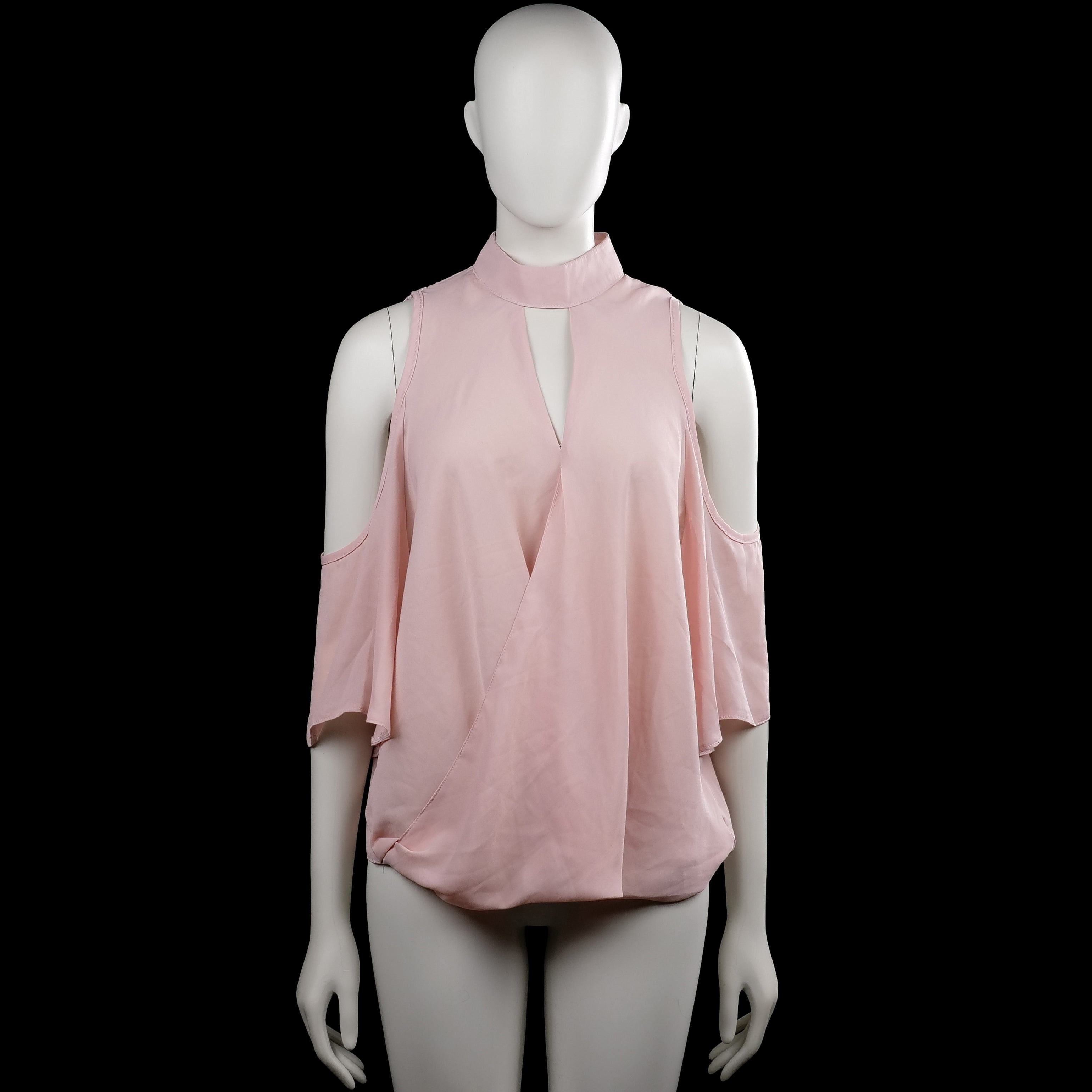 Blouse - Light Pink - Size 42 - Light pink solid top with a mock neck and a front keyhole opening. Three-quarter cold-shoulder sleeves with plain cuffs and a curved hem.