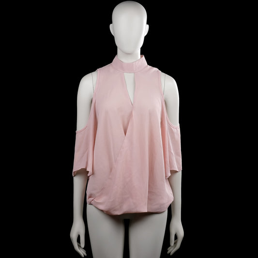 Blouse - Light Pink - Size 42 - Light pink solid top with a mock neck and a front keyhole opening. Three-quarter cold-shoulder sleeves with plain cuffs and a curved hem.