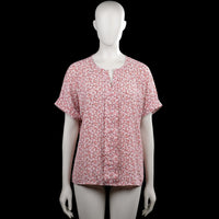 Blouse - Pink & White - Size L - Pink and white floral top with a round neckline and a short center front slit. Short sleeves with plain cuffs and a straight hem.