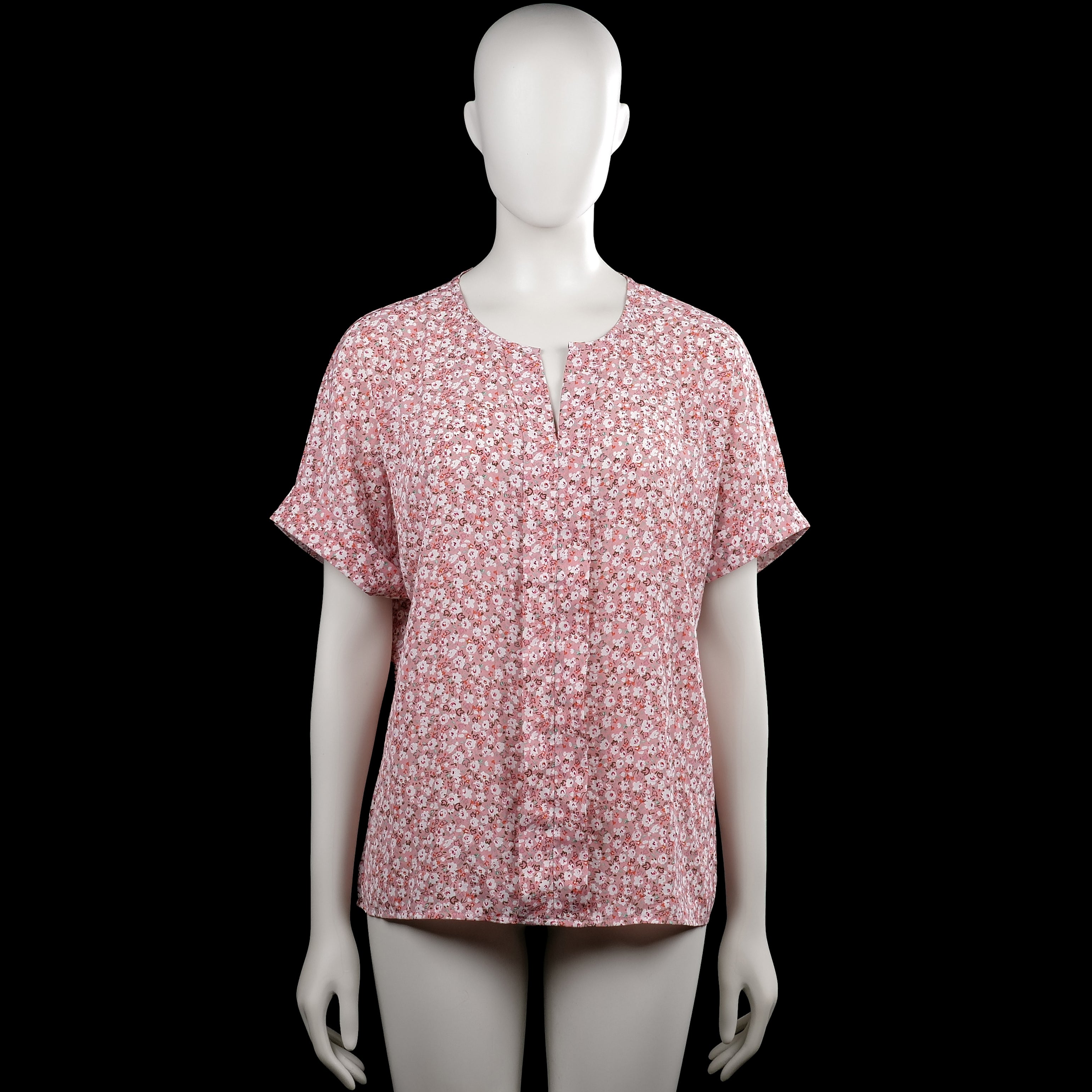 Blouse - Pink & White - Size L - Pink and white floral top with a round neckline and a short center front slit. Short sleeves with plain cuffs and a straight hem.