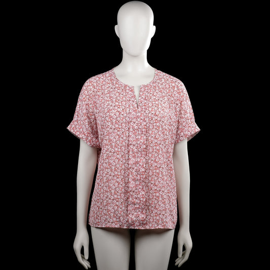 Blouse - Pink & White - Size L - Pink and white floral top with a round neckline and a short center front slit. Short sleeves with plain cuffs and a straight hem.