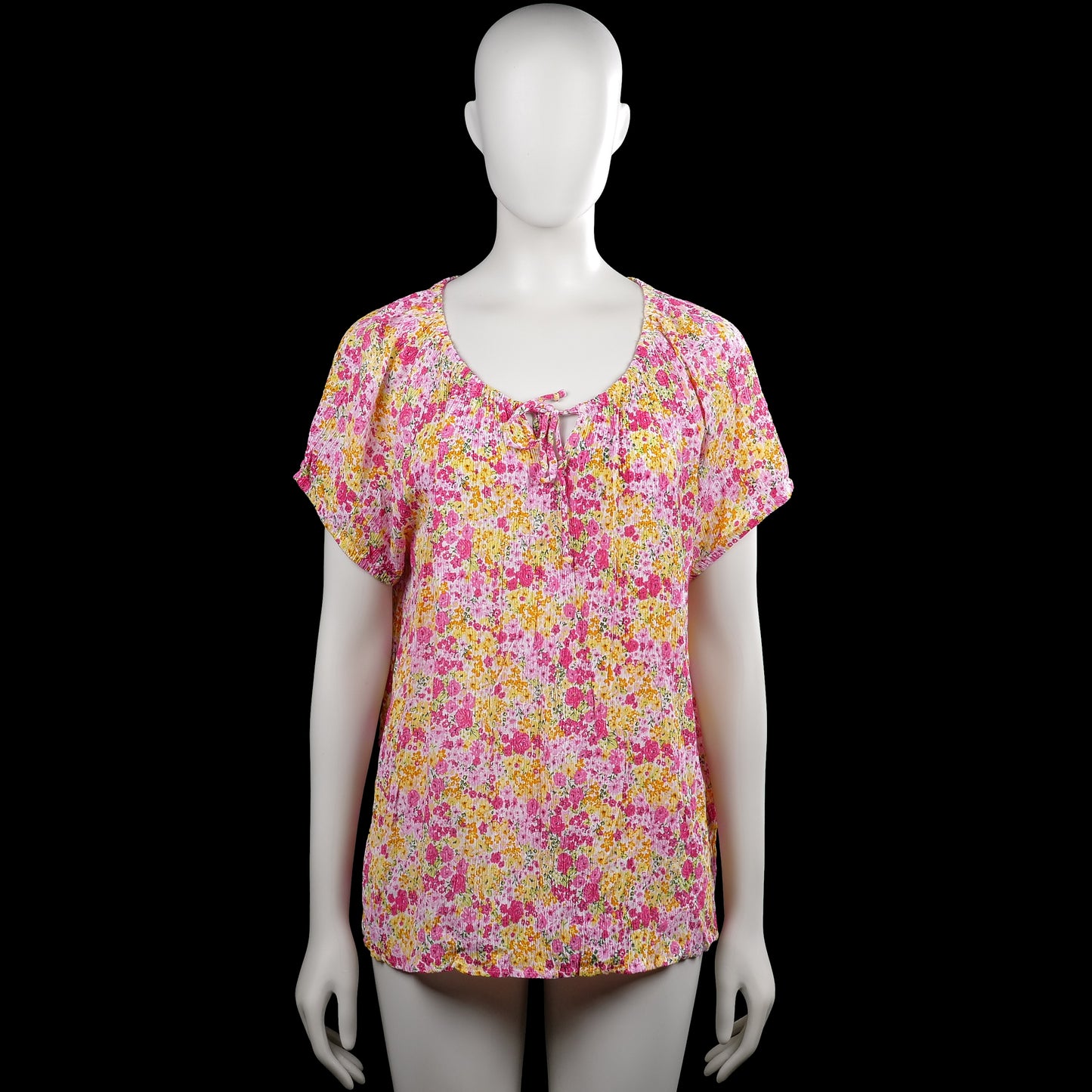 Isolde - Blouse - Pink & Yellow - Size XXL - Pink and yellow floral top with a scoop neckline and short sleeves. Features a small keyhole with tie at the front and a straight hem.