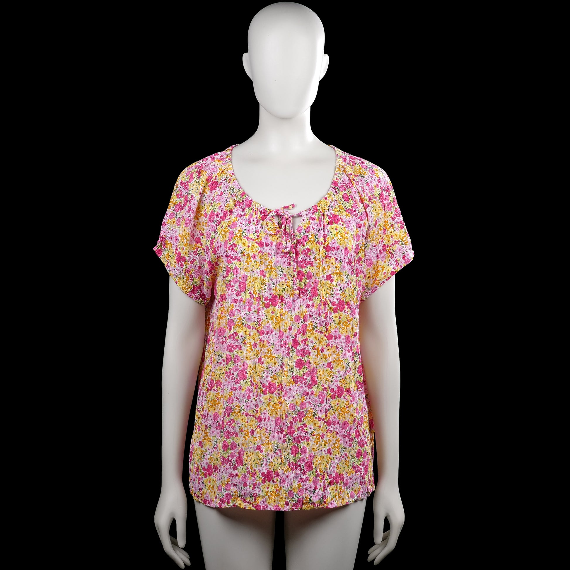 Isolde - Blouse - Pink & Yellow - Size XXL - Pink and yellow floral top with a scoop neckline and short sleeves. Features a small keyhole with tie at the front and a straight hem.