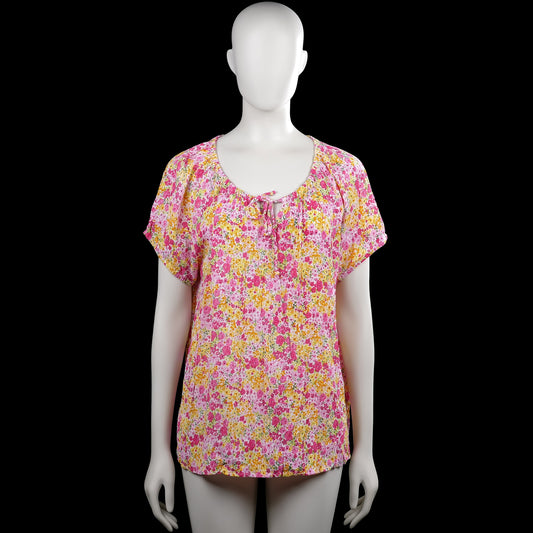 Isolde - Blouse - Pink & Yellow - Size XXL - Pink and yellow floral top with a scoop neckline and short sleeves. Features a small keyhole with tie at the front and a straight hem.