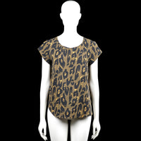 Only - T-shirt - Olive & Black - Size 38 - Olive and black leopard-print top with a scoop neck and short sleeves. Curved hem and a visible back zipper closure at the upper center.