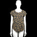 Only - T-shirt - Olive & Black - Size 38 - Olive and black leopard-print top with a scoop neck and short sleeves. Curved hem and a visible back zipper closure at the upper center.