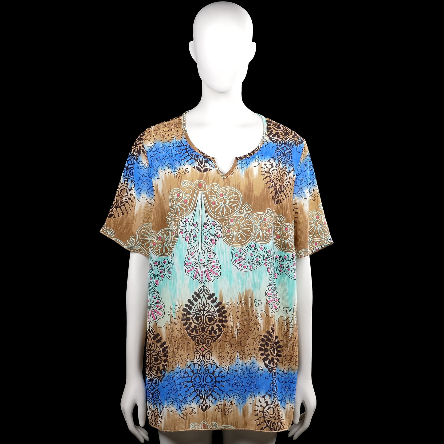 Tunic - Multicolored - Size XL - Multicolored printed top with a scoop neckline and short sleeves. Straight hem and plain sleeve cuffs.
