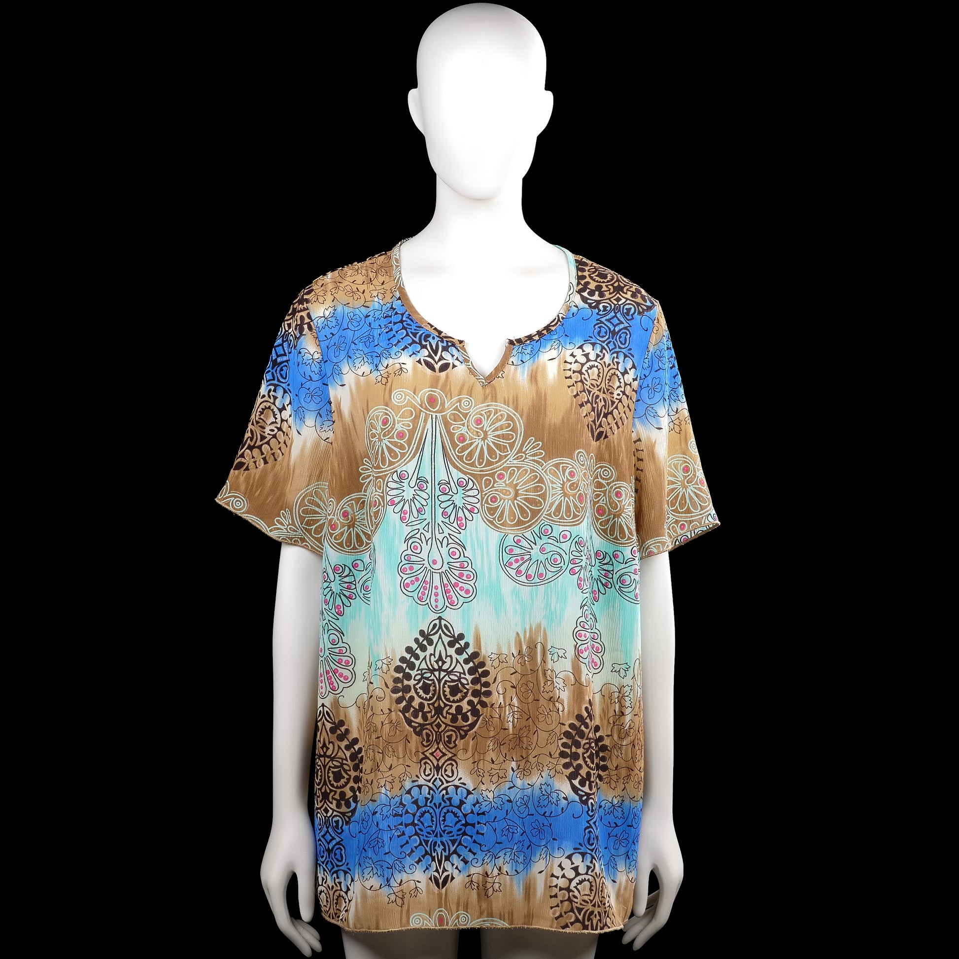 Tunic - Multicolored - Size XL - Multicolored printed top with a scoop neckline and short sleeves. Straight hem and plain sleeve cuffs.