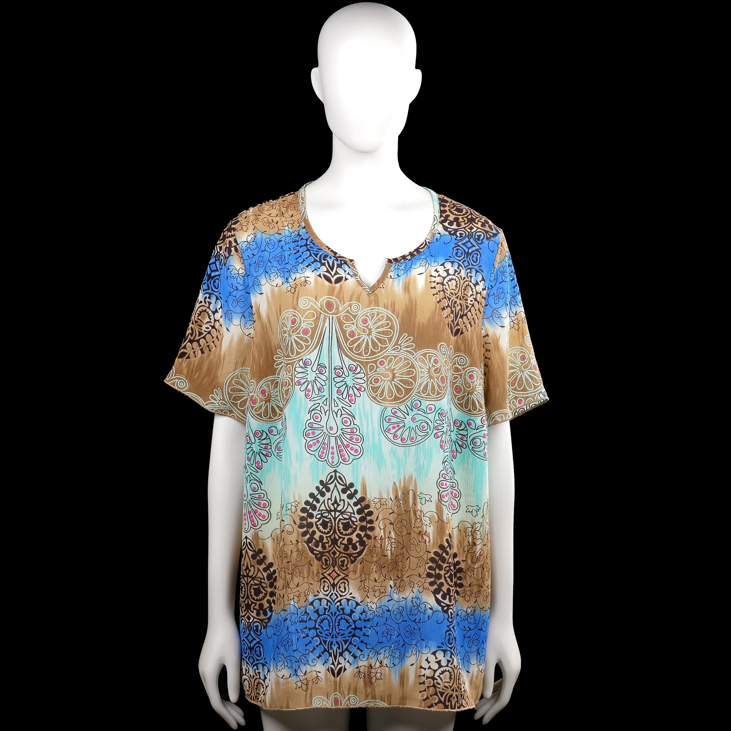 Tunic - Multicolored - Size XL - Multicolored printed top with a scoop neckline and short sleeves. Straight hem and plain sleeve cuffs.