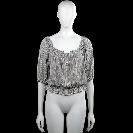 Lindex - Blouse - White & Black - Size M - White top with thin black vertical stripes and a scoop neckline with a front tie opening. Short sleeves with elastic cuffs and an elastic hem with a ruffled edge.