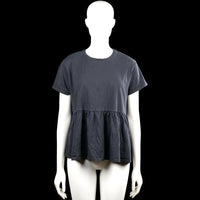 157 - Tunic - Dark Gray - Size M - Dark gray solid top with a round neck and short sleeves. Features a gathered ruffle hem and plain cuffs.