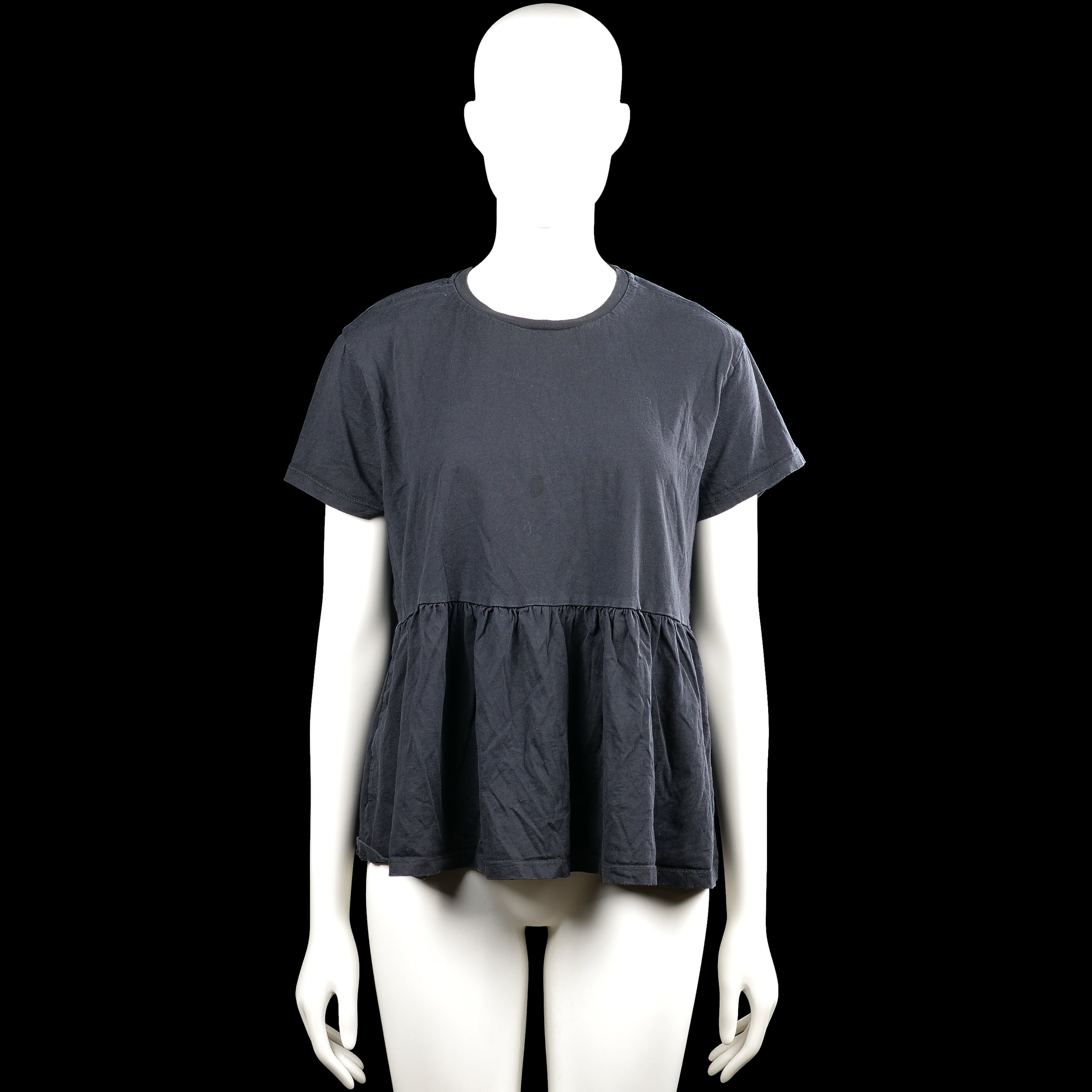157 - Tunic - Dark Gray - Size M - Dark gray solid top with a round neck and short sleeves. Features a gathered ruffle hem and plain cuffs.