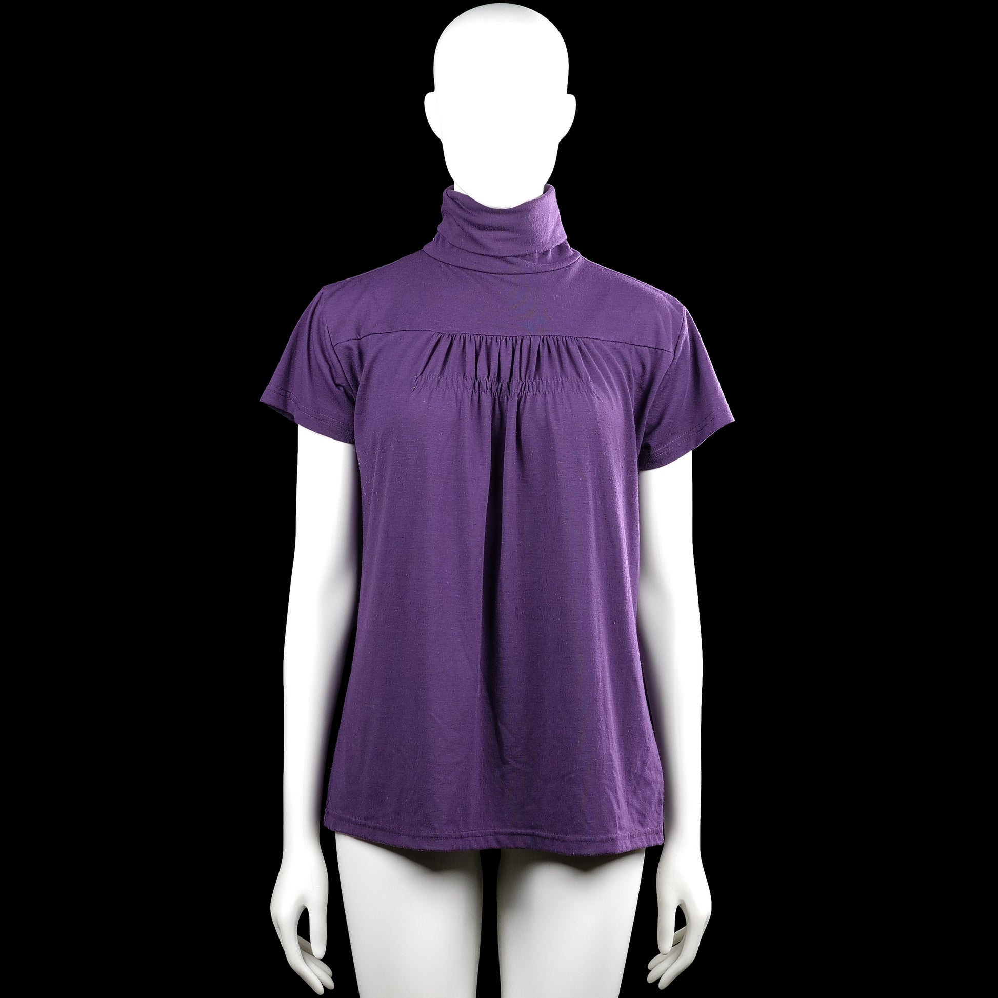 Casual clothing - Turtleneck - Purple - Size L - Purple solid top with a turtleneck and short sleeves. Features gathered detailing across the upper front and a straight hem.