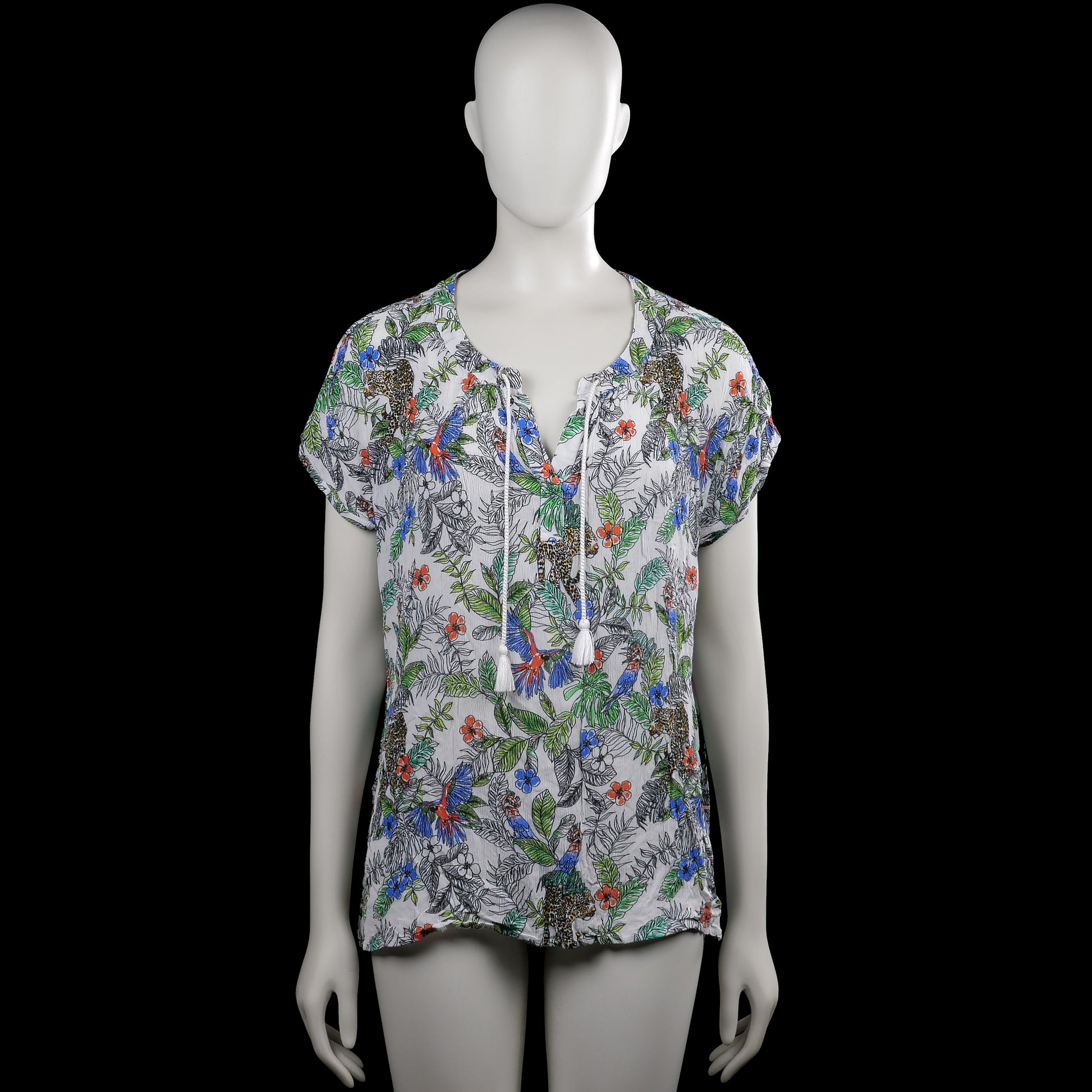 Anna blue - Blouse - Multicolored - Size L - Multicolored printed top with a V-neck and short sleeves. Features a front tie at the neckline with tassel ends and a straight hem.