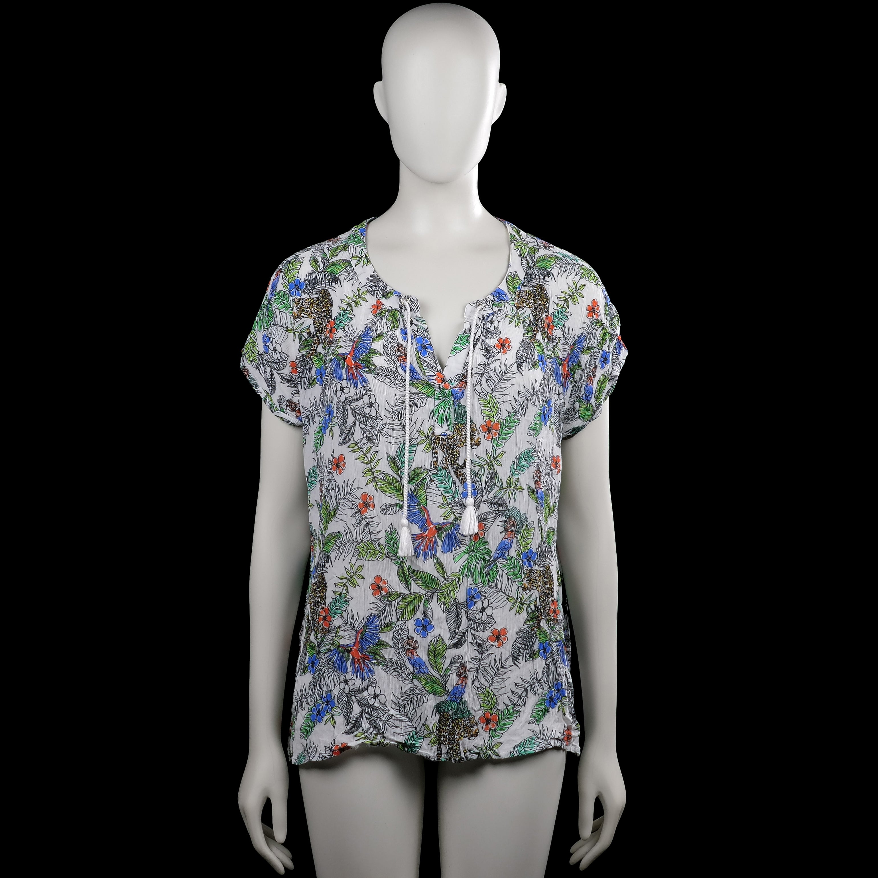 Anna blue - Blouse - Multicolored - Size L - Multicolored printed top with a V-neck and short sleeves. Features a front tie at the neckline with tassel ends and a straight hem.