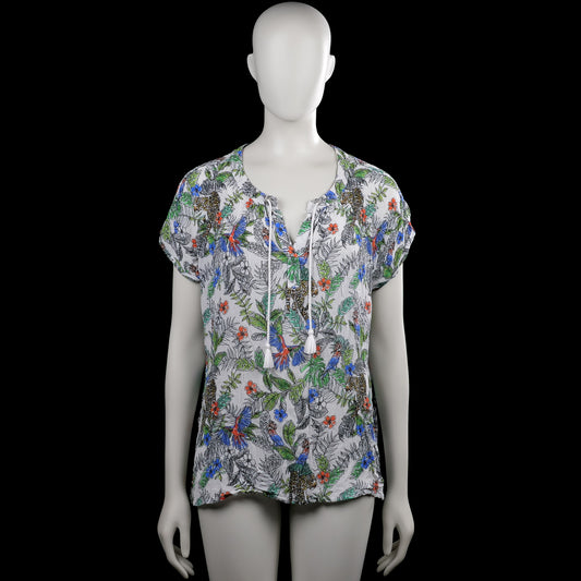 Anna blue - Blouse - Multicolored - Size L - Multicolored printed top with a V-neck and short sleeves. Features a front tie at the neckline with tassel ends and a straight hem.